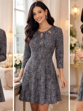 Michael Kors Elegant Black & White Keyhole Fit-and-Flare Long-Sleeve Dress